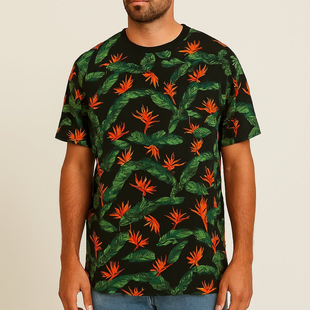 Westy Hawaiian Tropical Island Tee Short Sleeve Crew Neck Black Red XL New